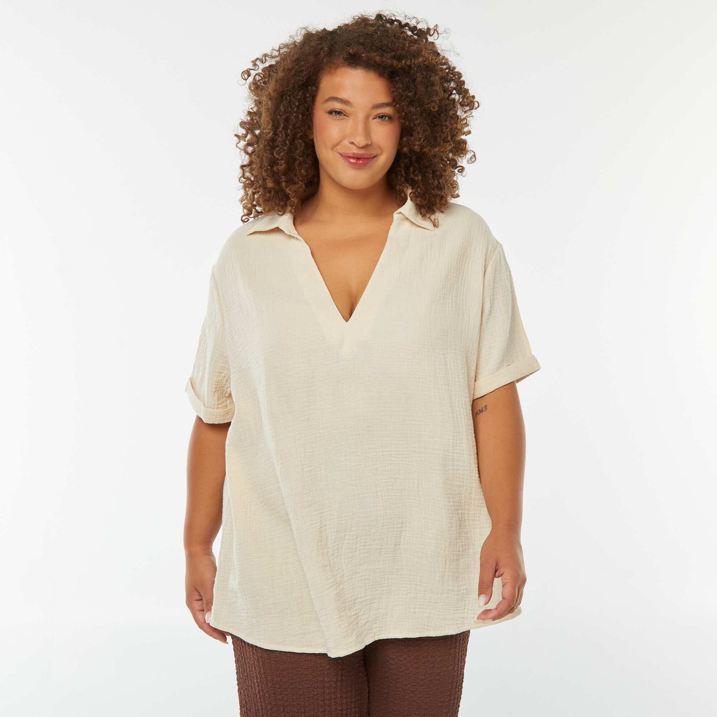 Blouse en gaze de coton avec col polo BLANC