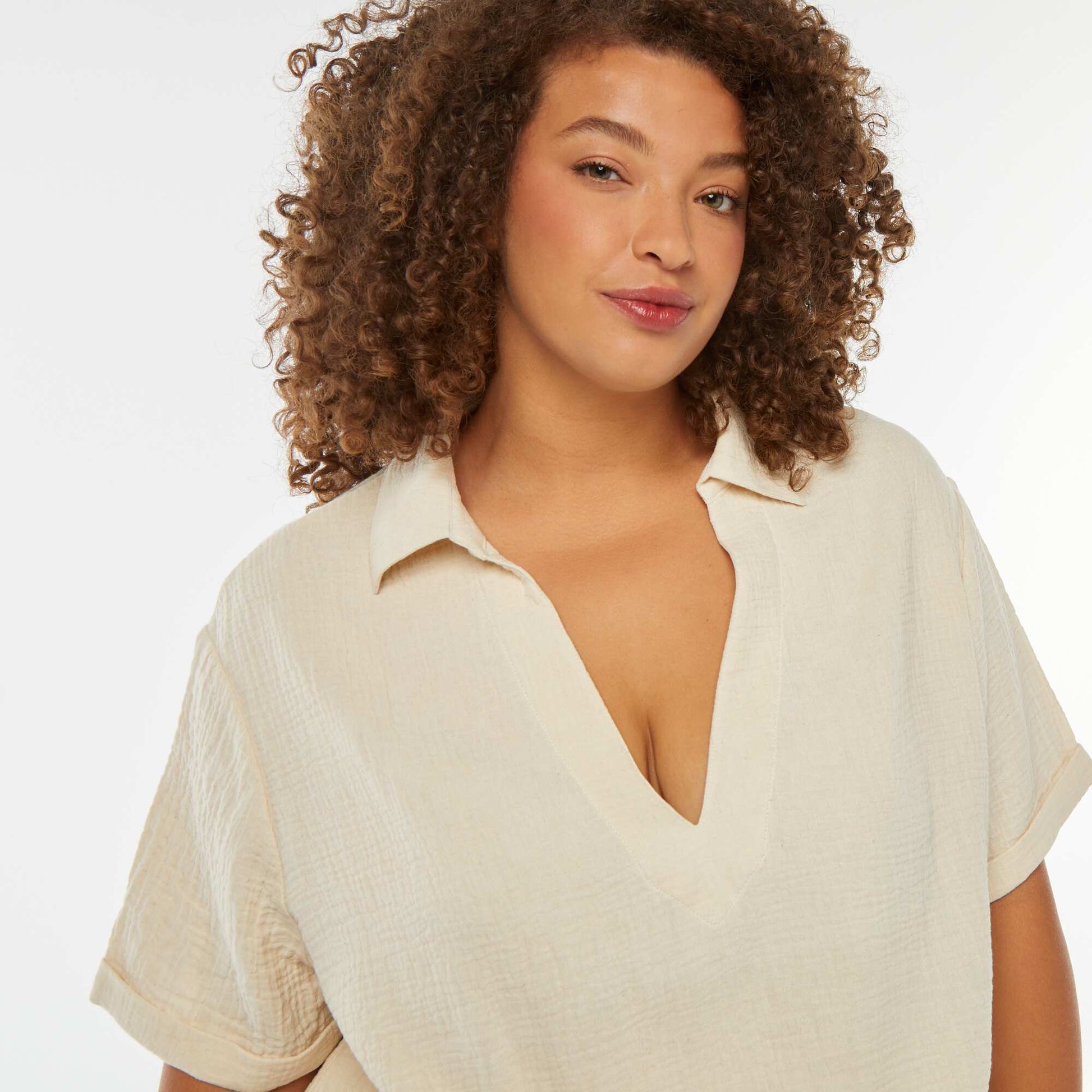 Blouse en gaze de coton avec col polo BLANC