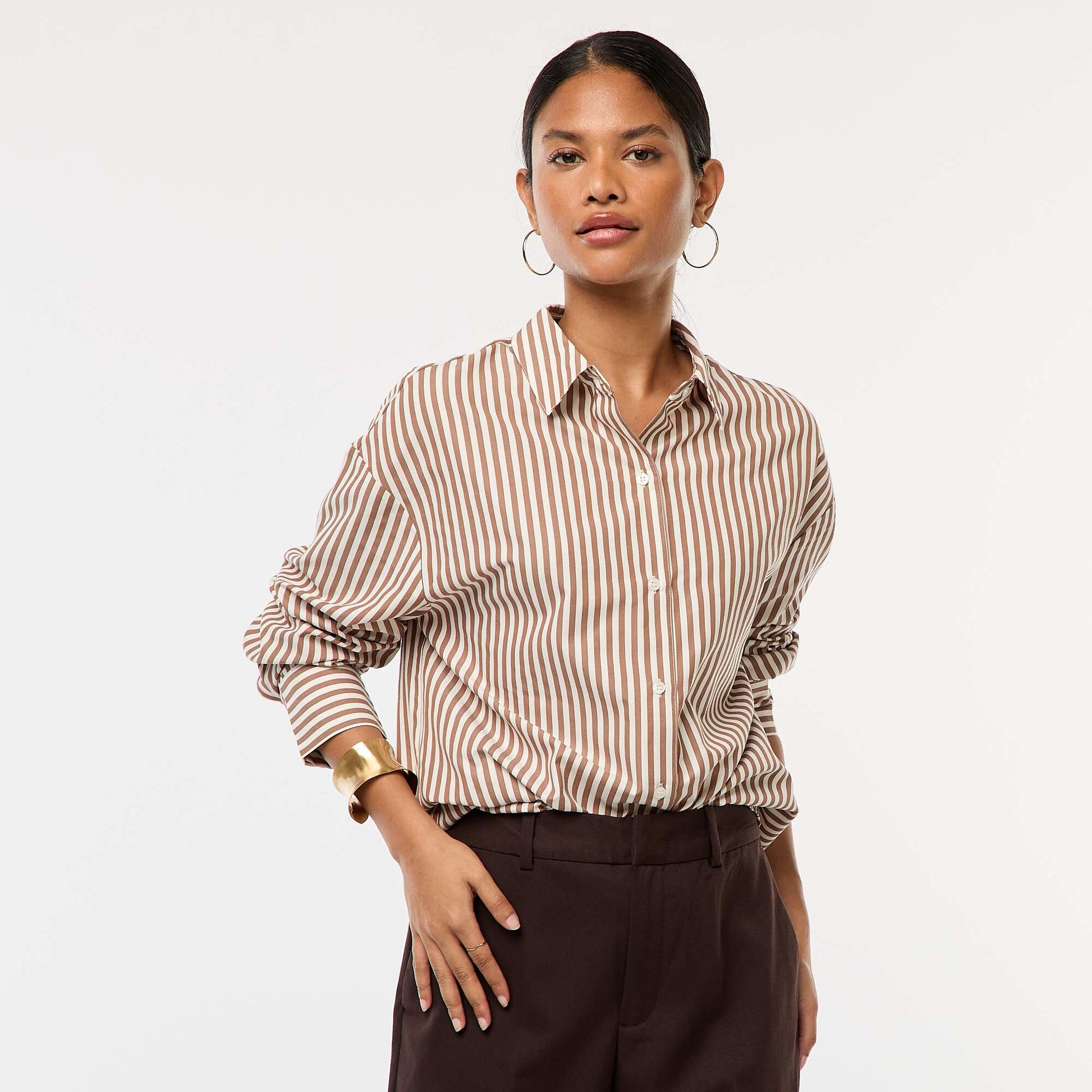 Chemise en popeline rayée MARRON