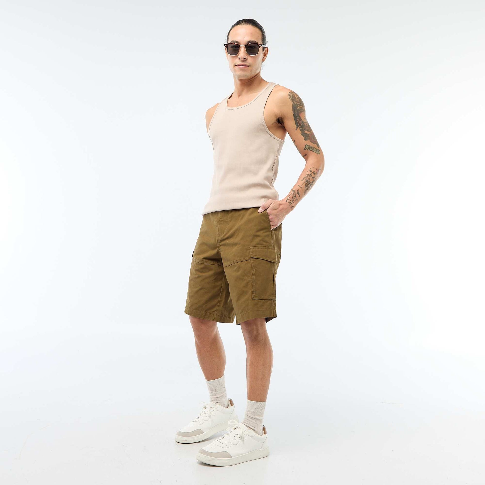 Bermuda chino en twill uni multipoches KAKI