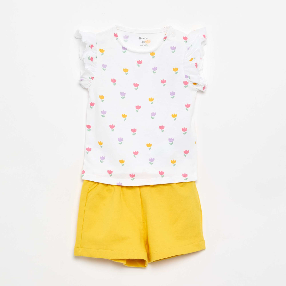 Ensemble t-shirt à manches volantées + short à motif - 2 pièces BLANC
