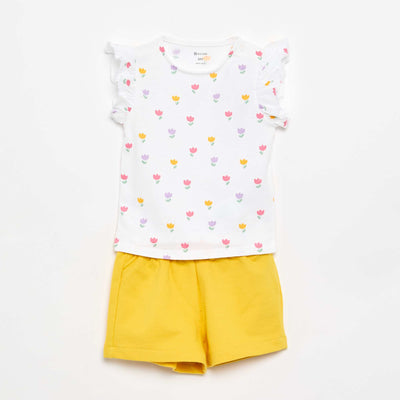 Ensemble t-shirt à manches volantées + short à motif - 2 pièces BLANC