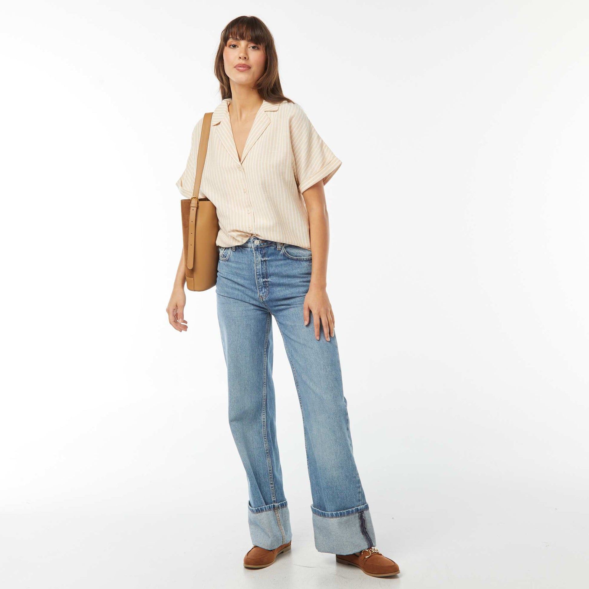Chemisier manches courtes en lin mélangé BEIGE RAYé