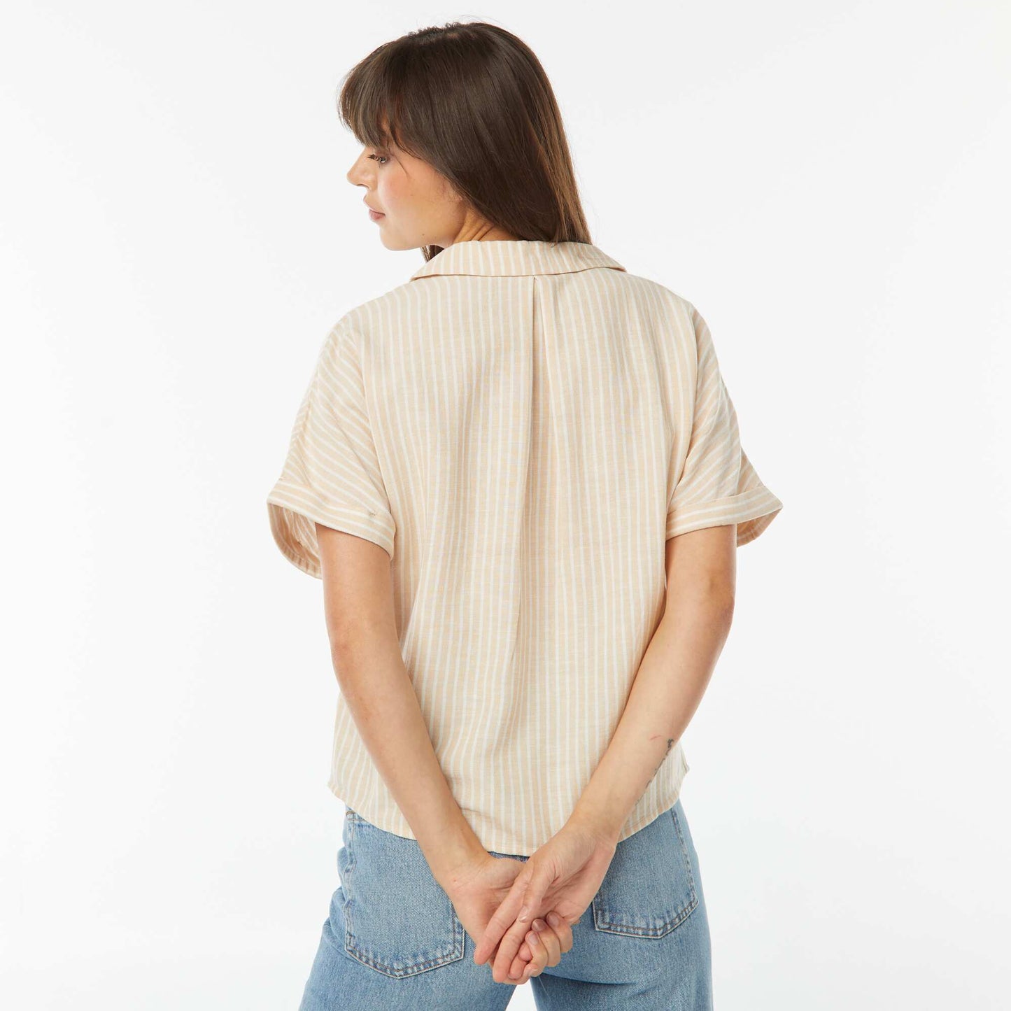 Chemisier manches courtes en lin mélangé BEIGE RAYé
