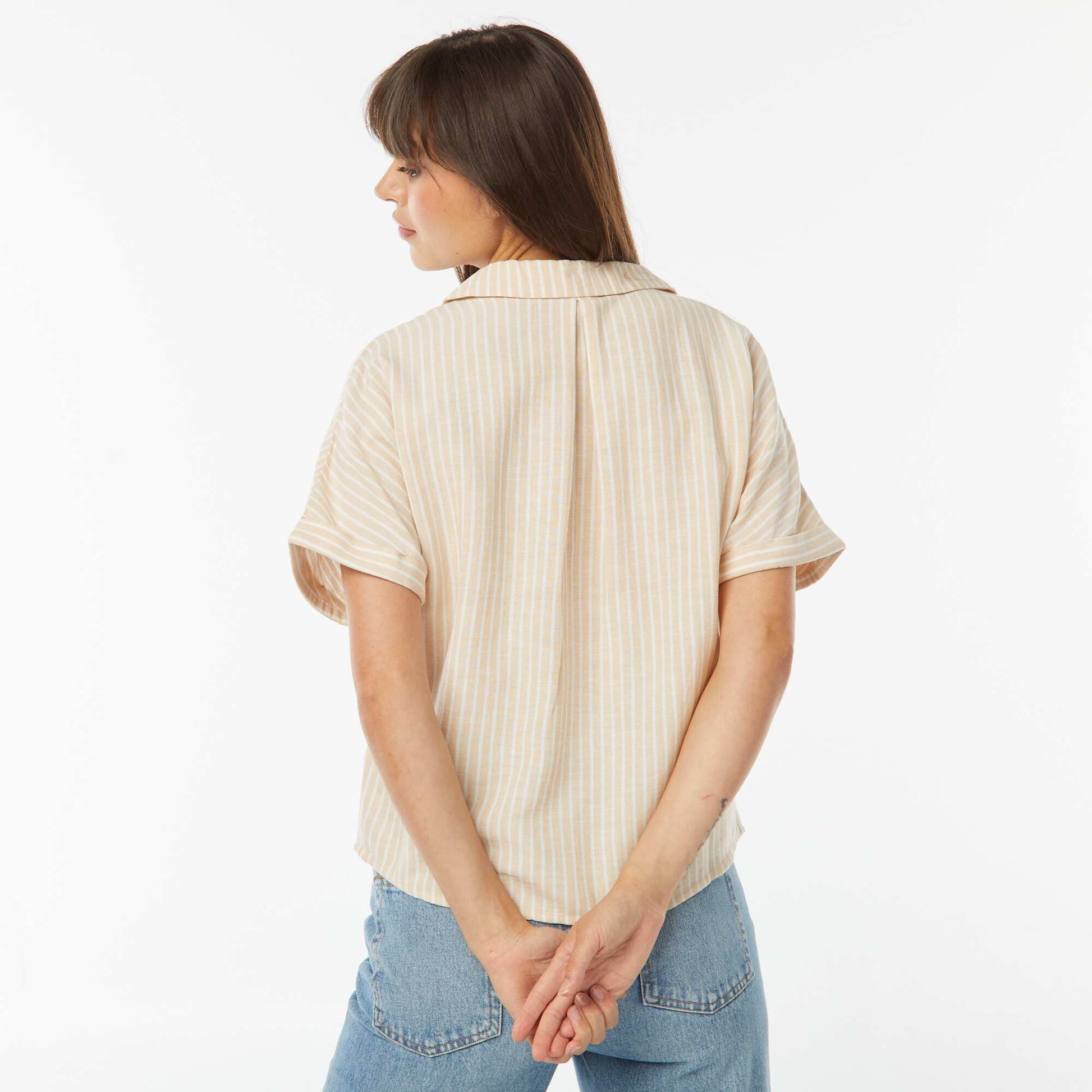 Chemisier manches courtes en lin mélangé BEIGE RAYé