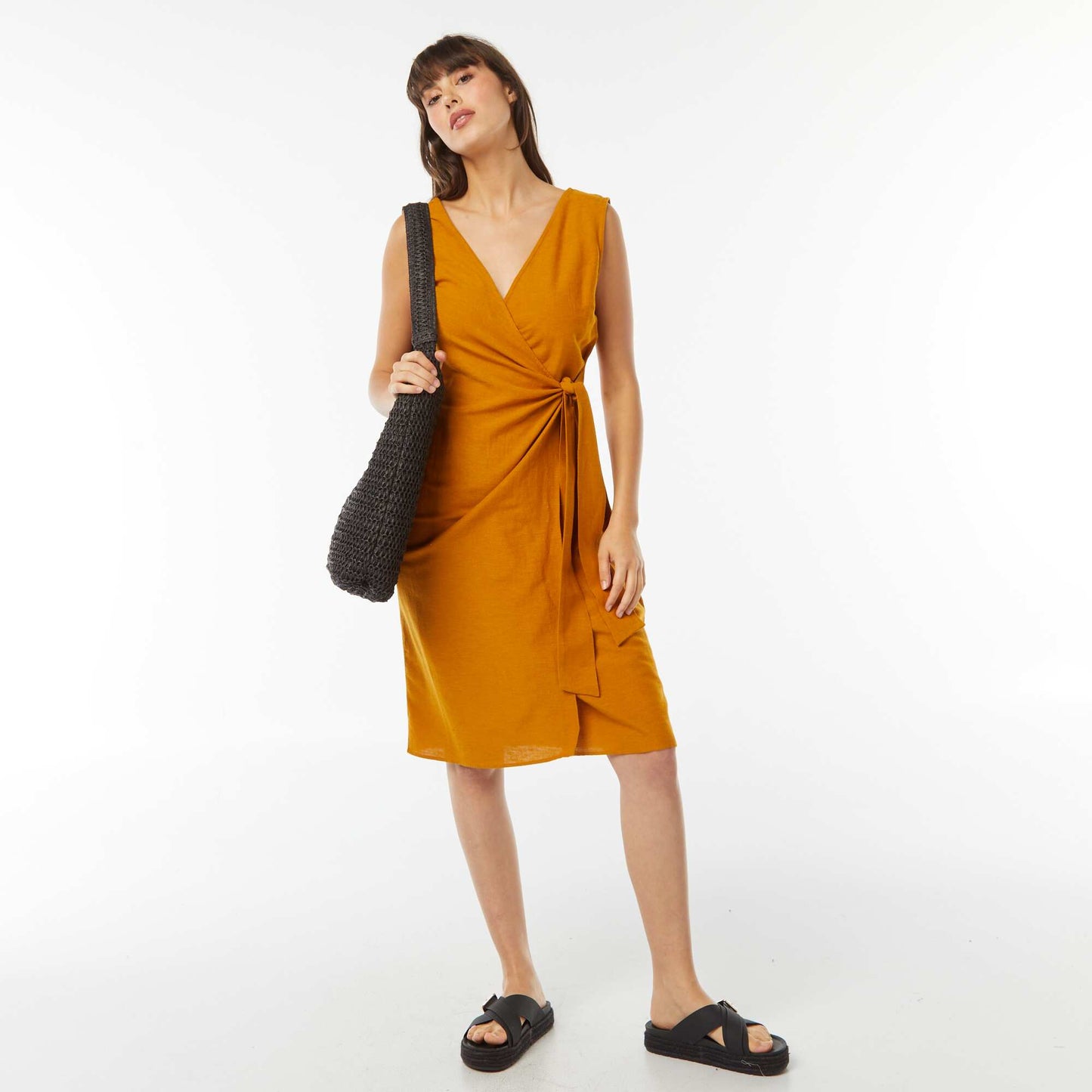 Robe midi en lin mélangée nouée JAUNE