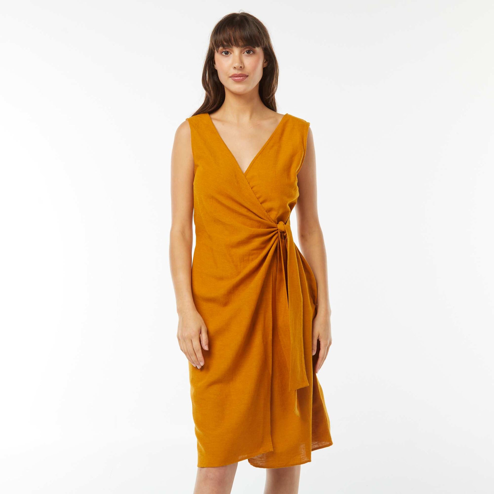 Robe midi en lin mélangée nouée JAUNE