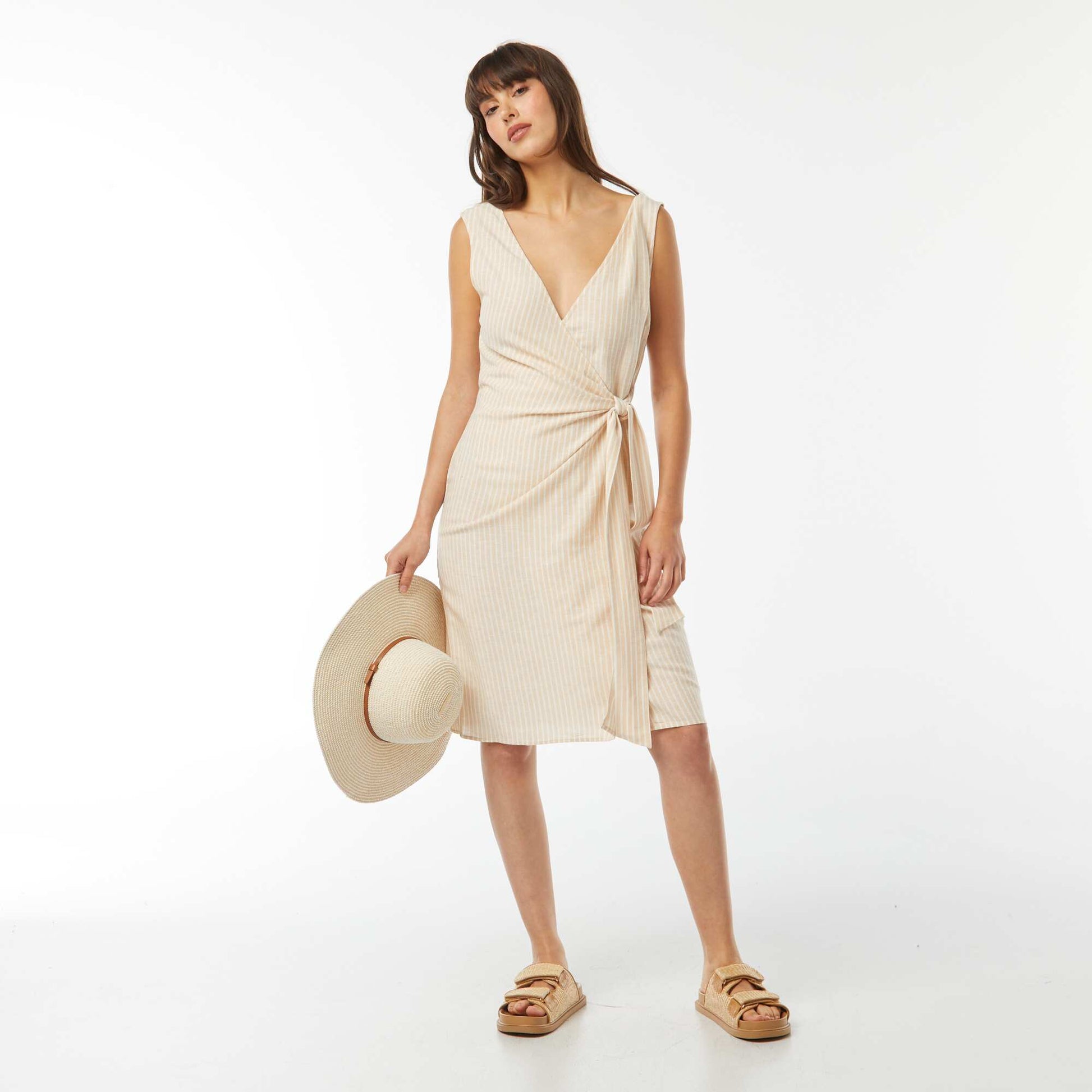 Robe midi en lin mélangée nouée BEIGE RAYé