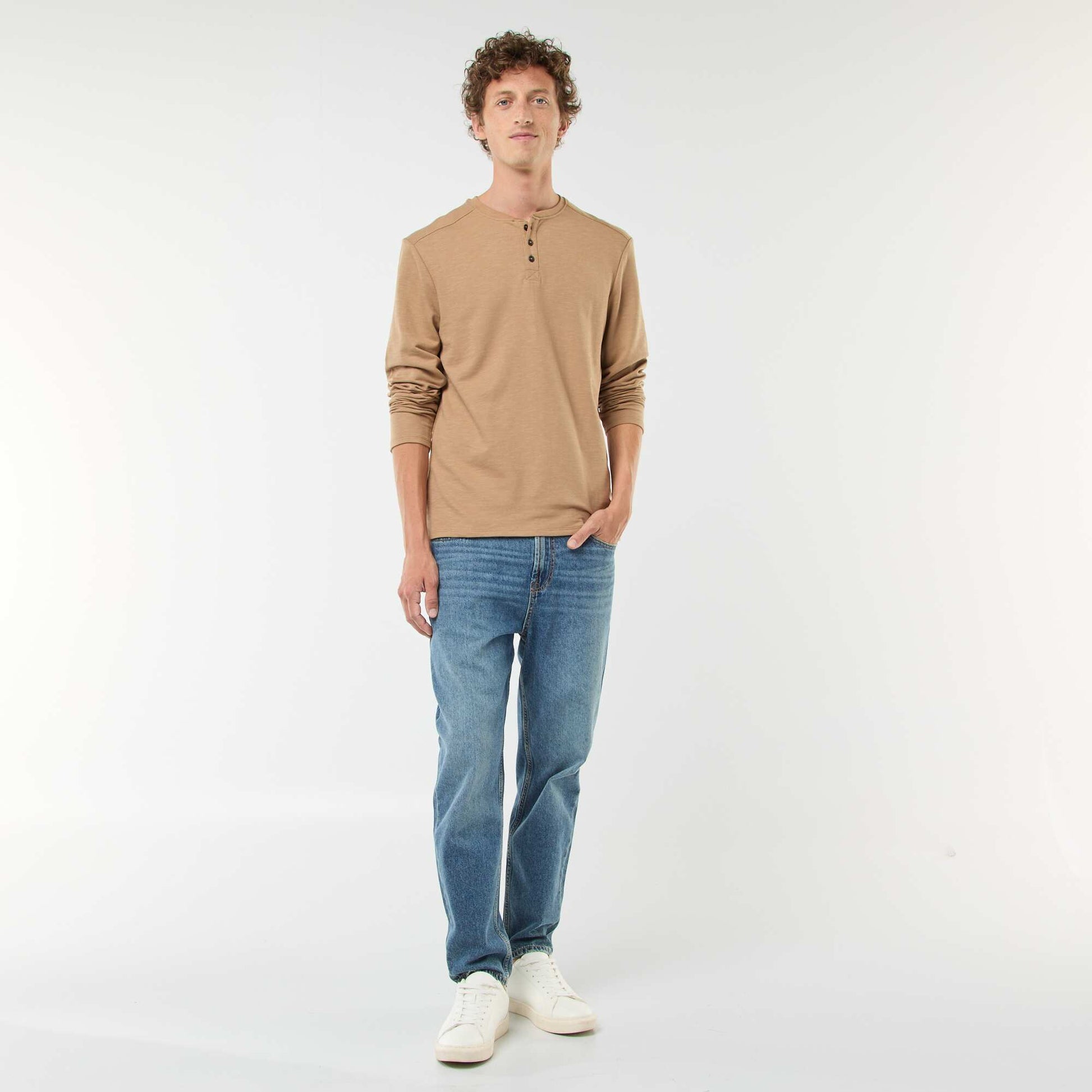 T-shirt à col tunisien manches longues BEIGE