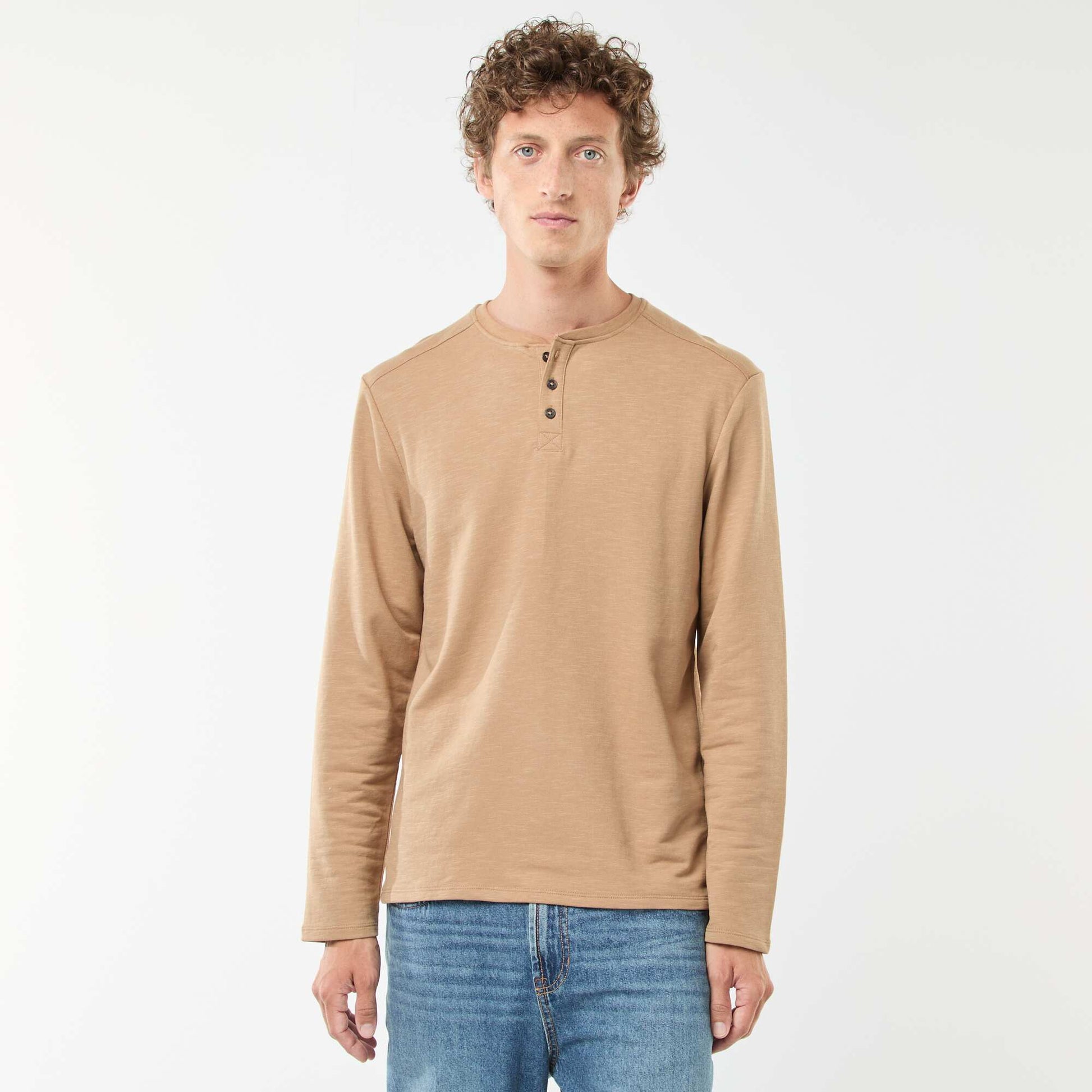 T-shirt à col tunisien manches longues BEIGE