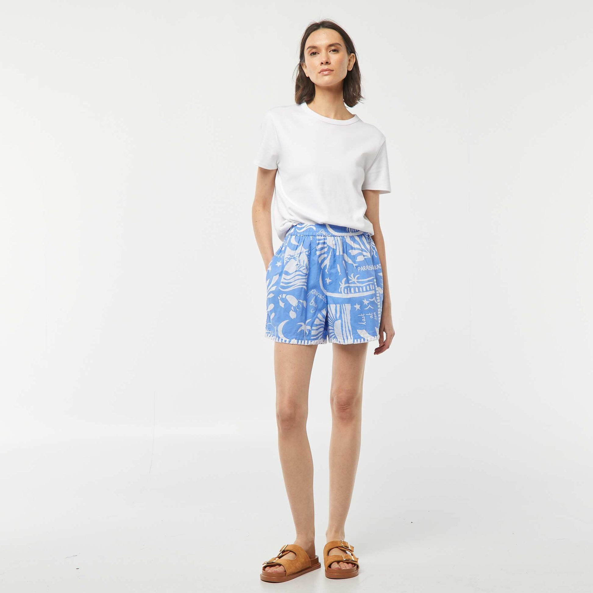 Short fluide avec des motifs all over en voile de coton BLEU