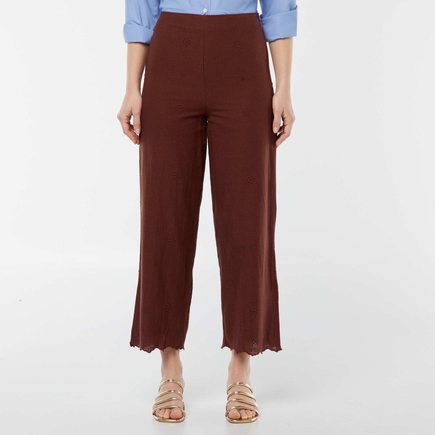 Pantalon large avec broderies anglaises MARRON