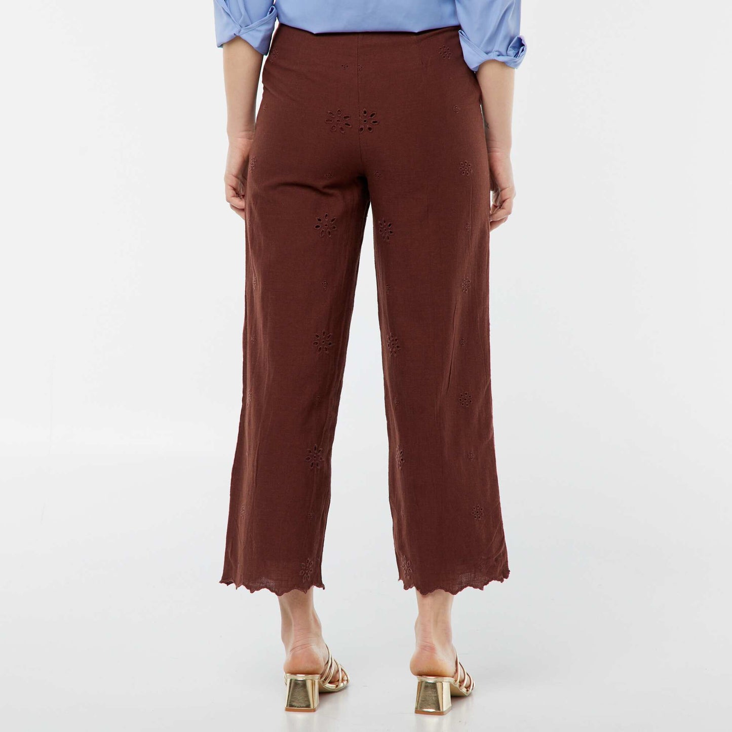 Pantalon large avec broderies anglaises MARRON