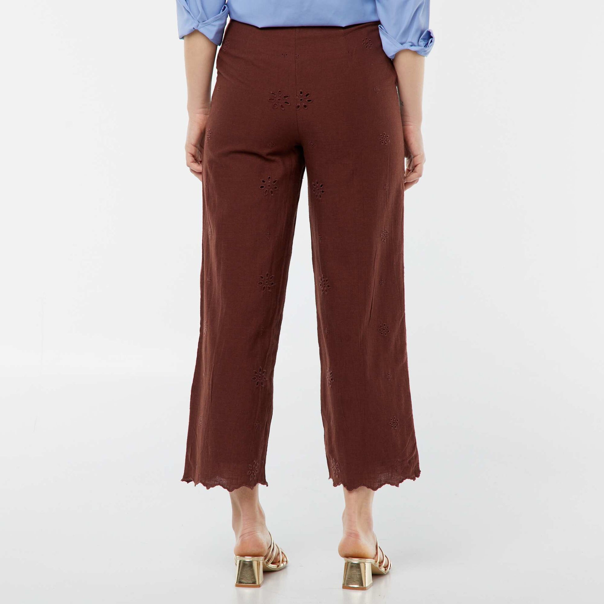 Pantalon large avec broderies anglaises MARRON