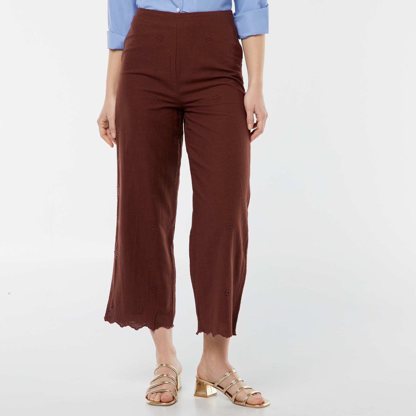 Pantalon large avec broderies anglaises MARRON