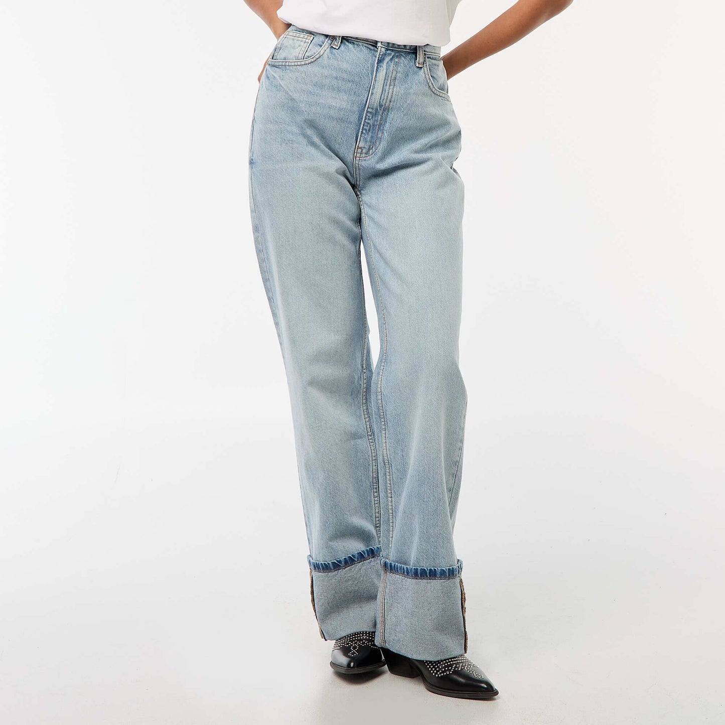 Jean regular / taille haute avec large revers à la base BLEU