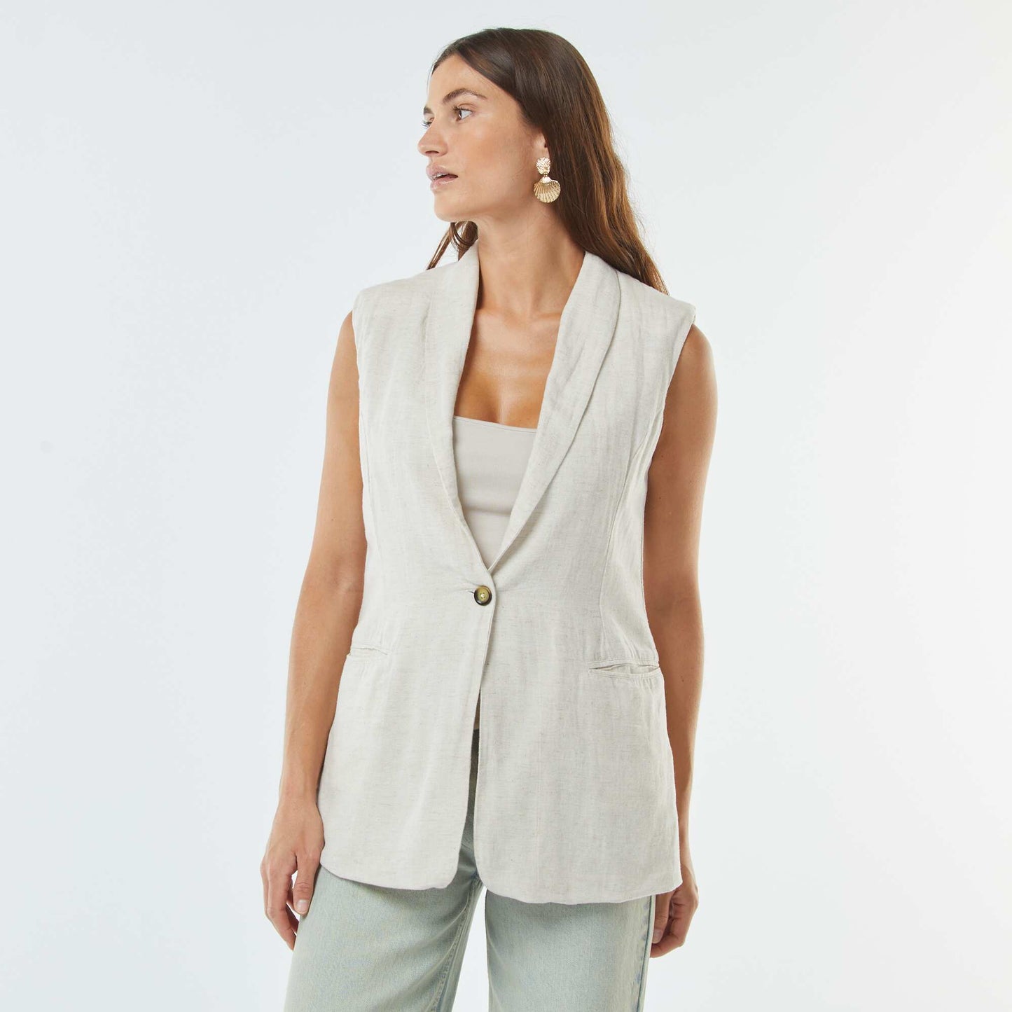 Veste de tailleur longue en lin mélangé BEIGE