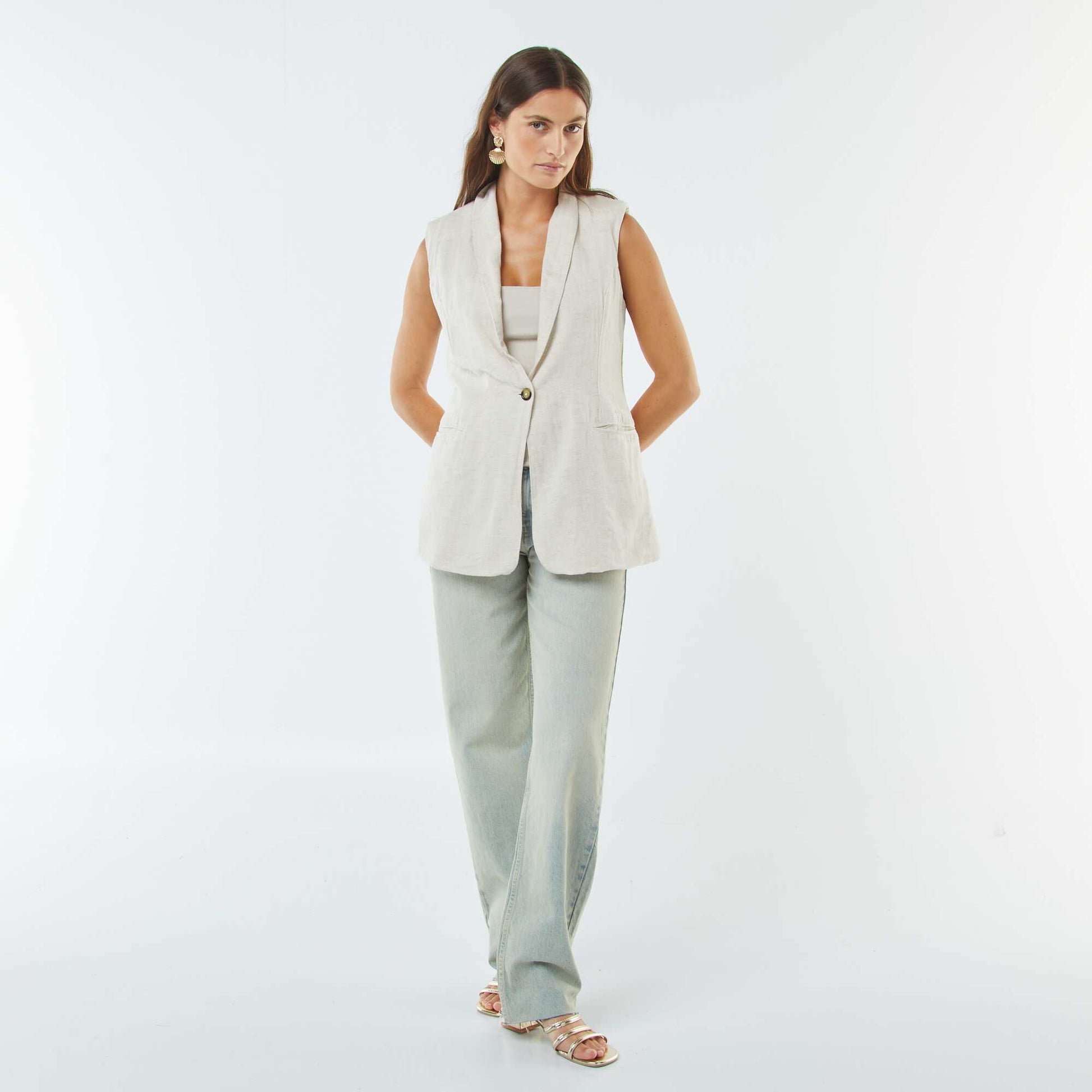 Veste de tailleur longue en lin mélangé BEIGE