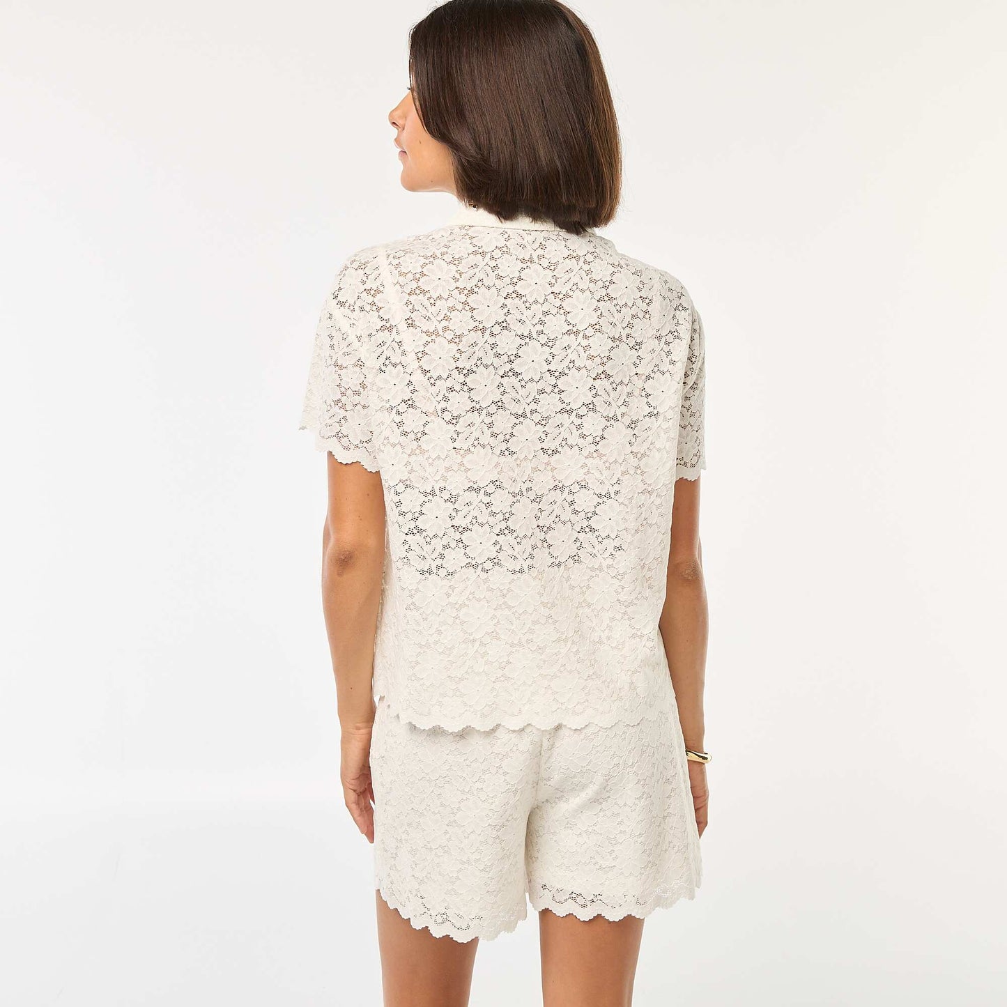 Chemisier uni à manches courtes et en maille dentelle BEIGE