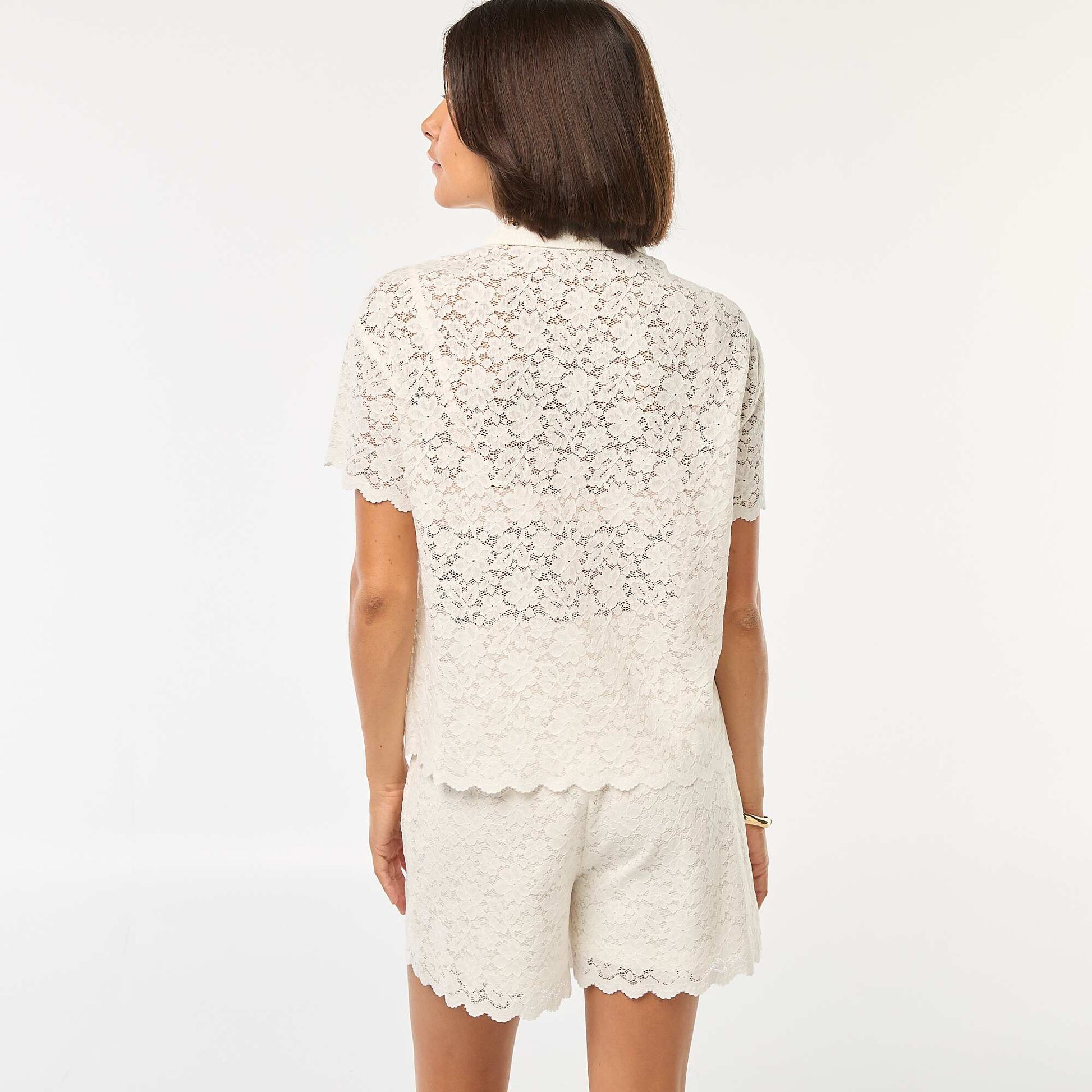 Chemisier uni à manches courtes et en maille dentelle BEIGE