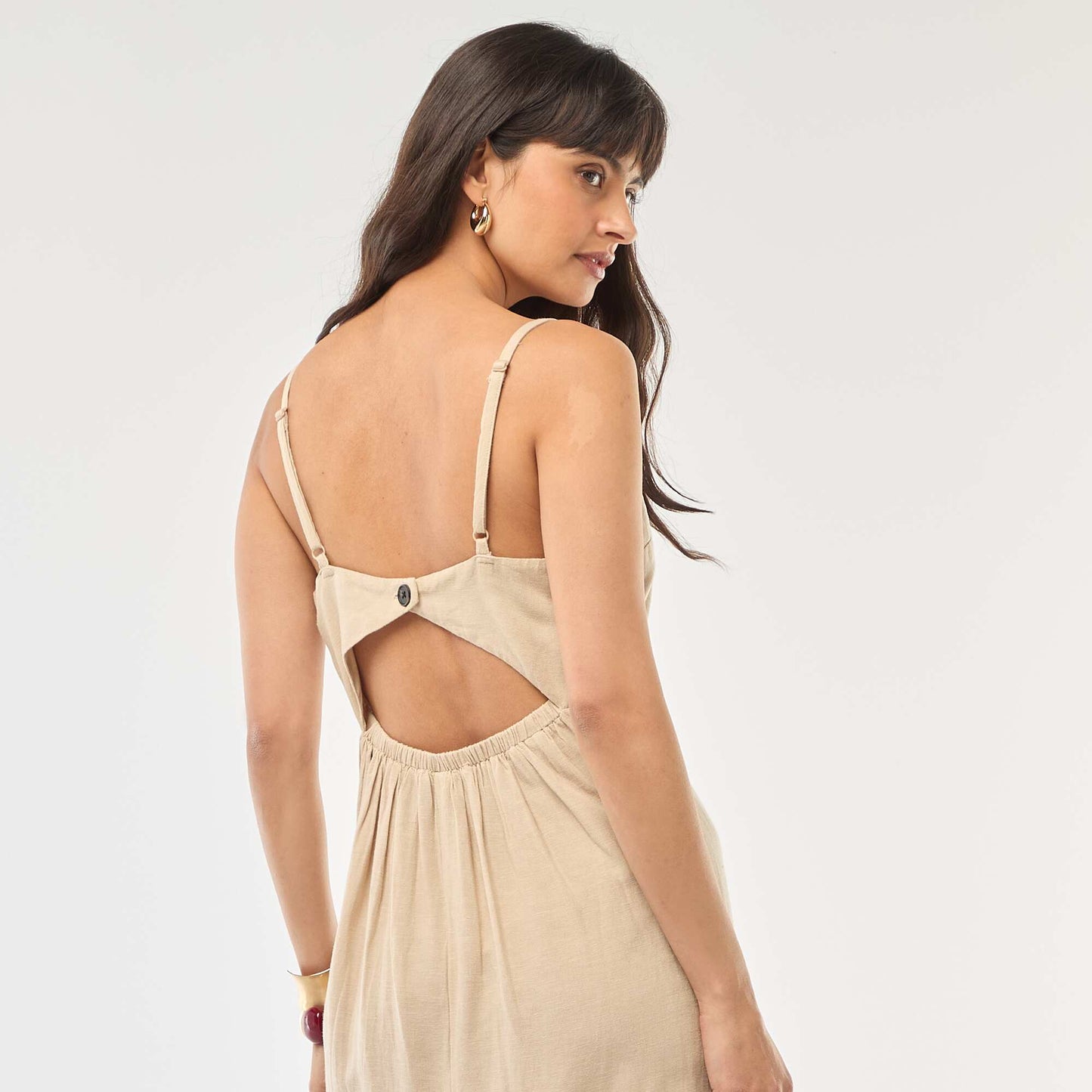 Robe midi à bretelles en coton et lin BEIGE