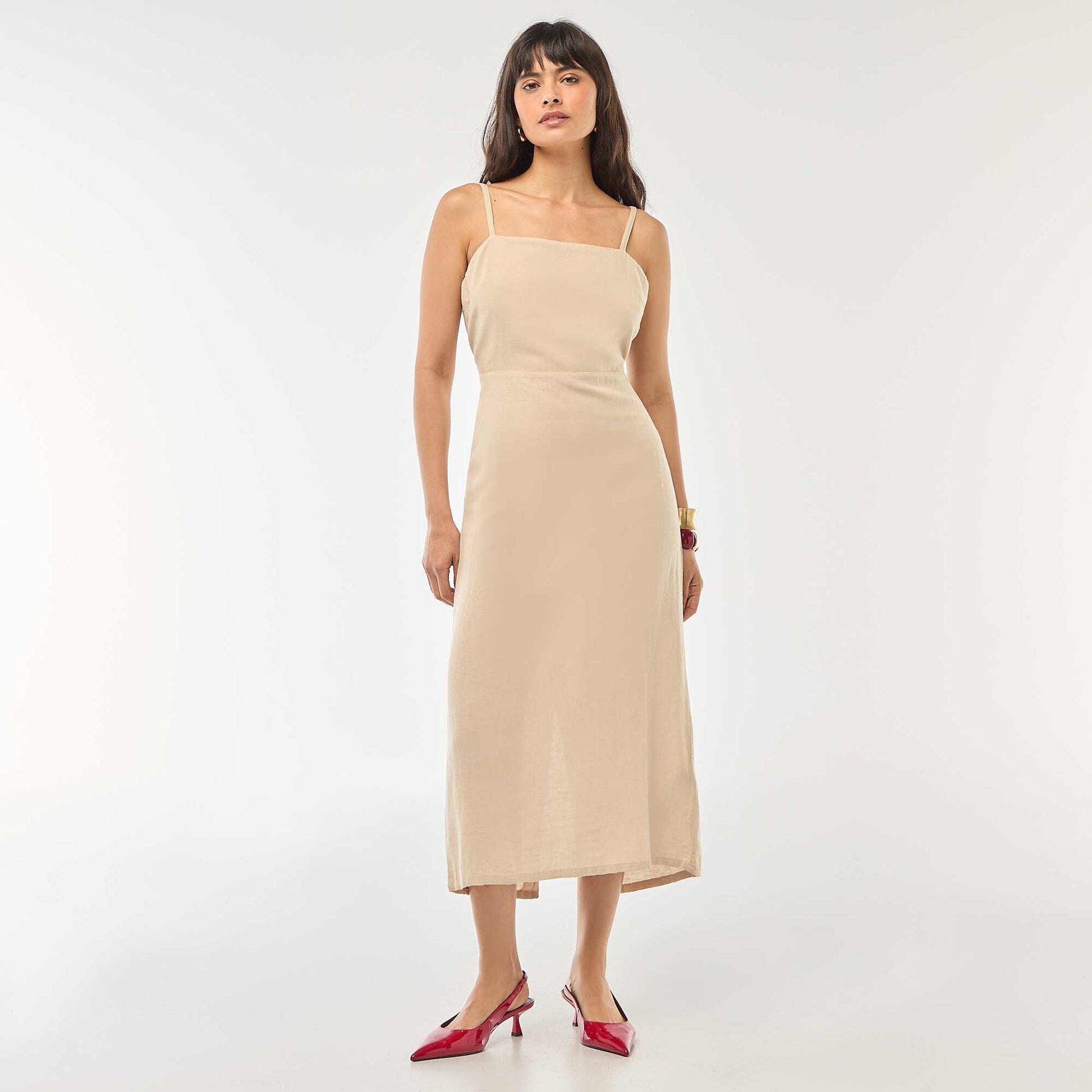 Robe midi à bretelles en coton et lin BEIGE