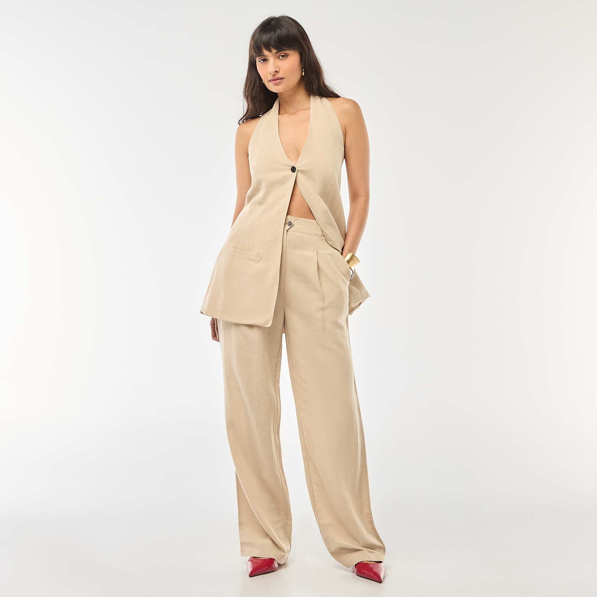 Pantalon tailleur large en coton et lin uni BEIGE