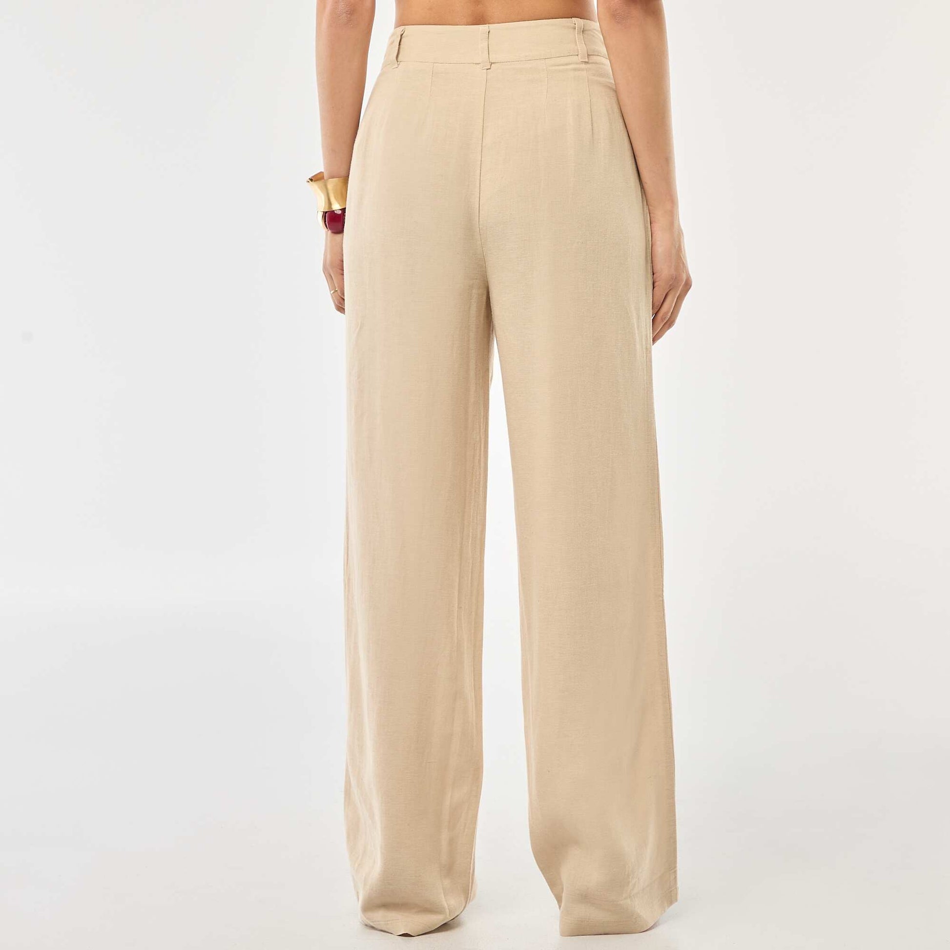Pantalon tailleur large en coton et lin uni BEIGE