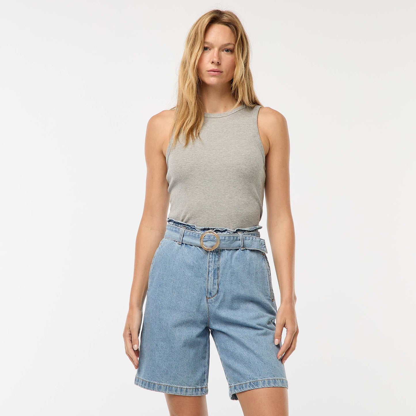 Short taille haute denim avec ceinture BLEU