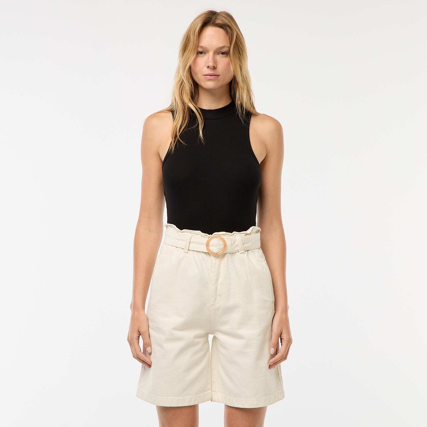Short taille haute denim avec ceinture BLANC