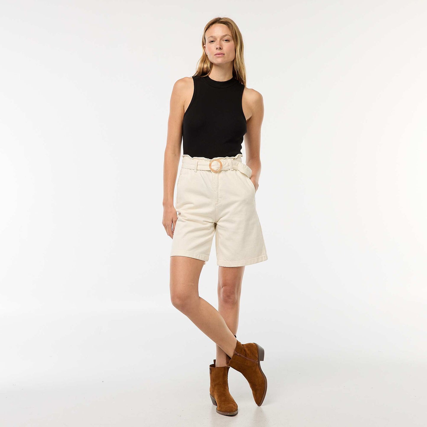 Short taille haute denim avec ceinture BLANC