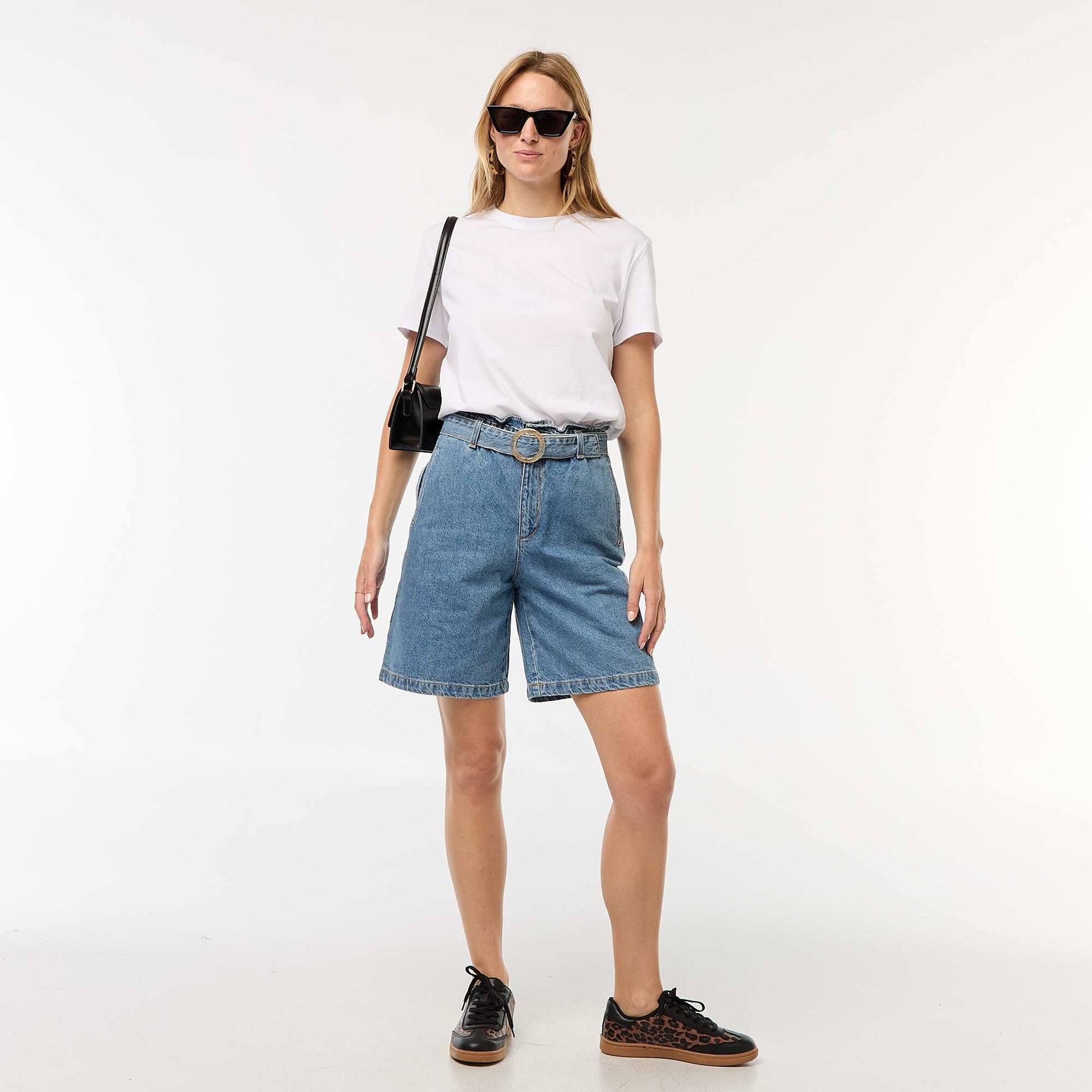 Short taille haute denim avec ceinture BLEU