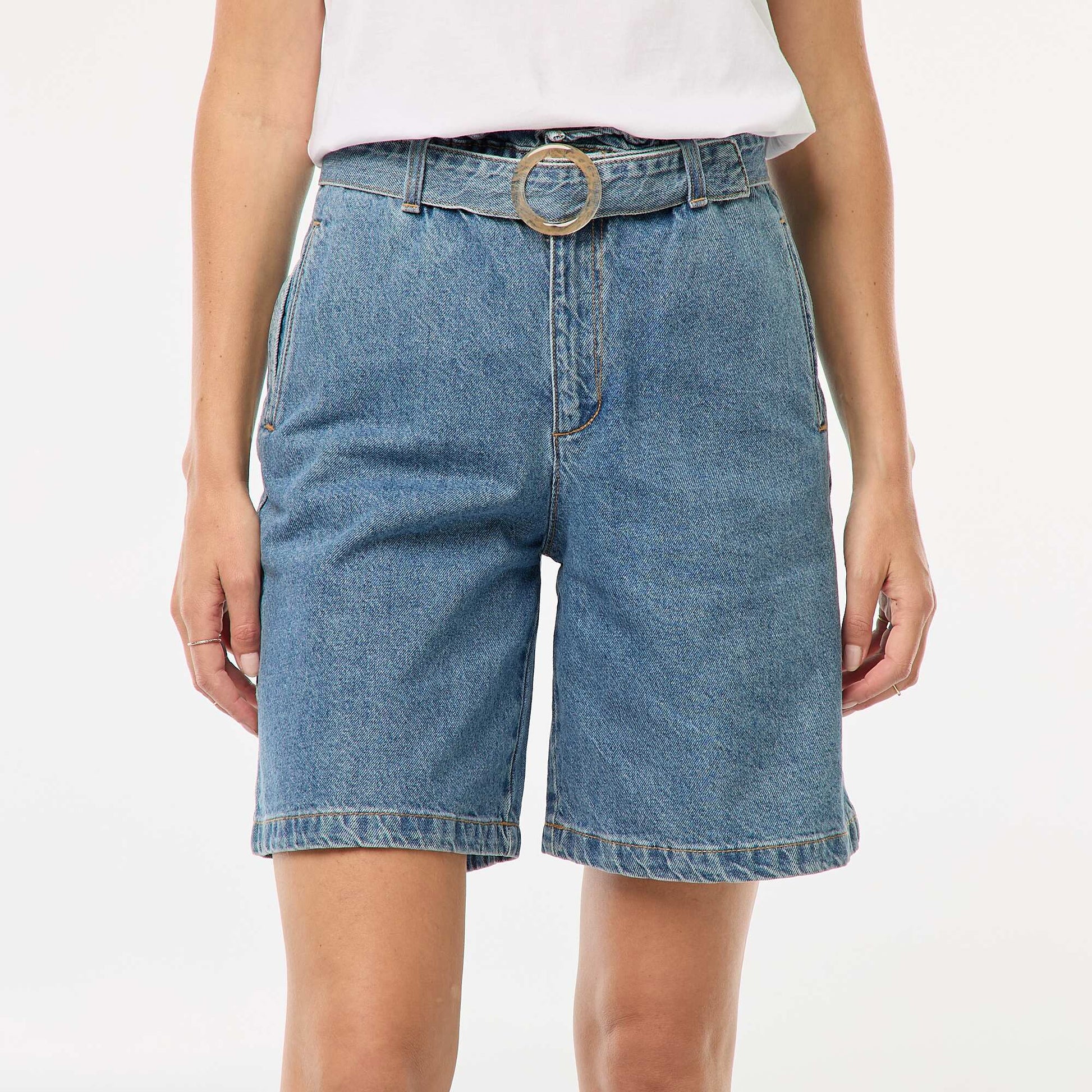 Short taille haute denim avec ceinture BLEU