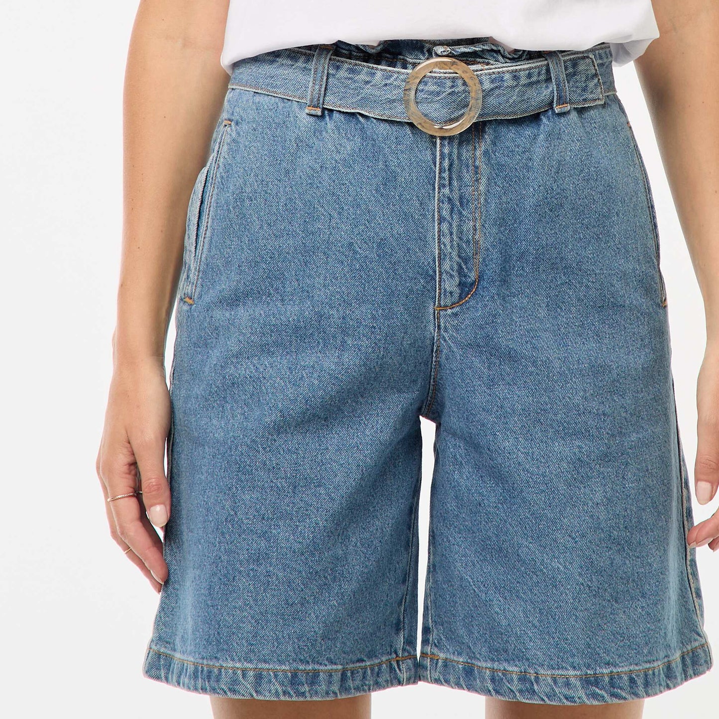 Short taille haute denim avec ceinture BLEU