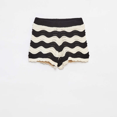Short rayé en maille crochet avec doublure NOIR