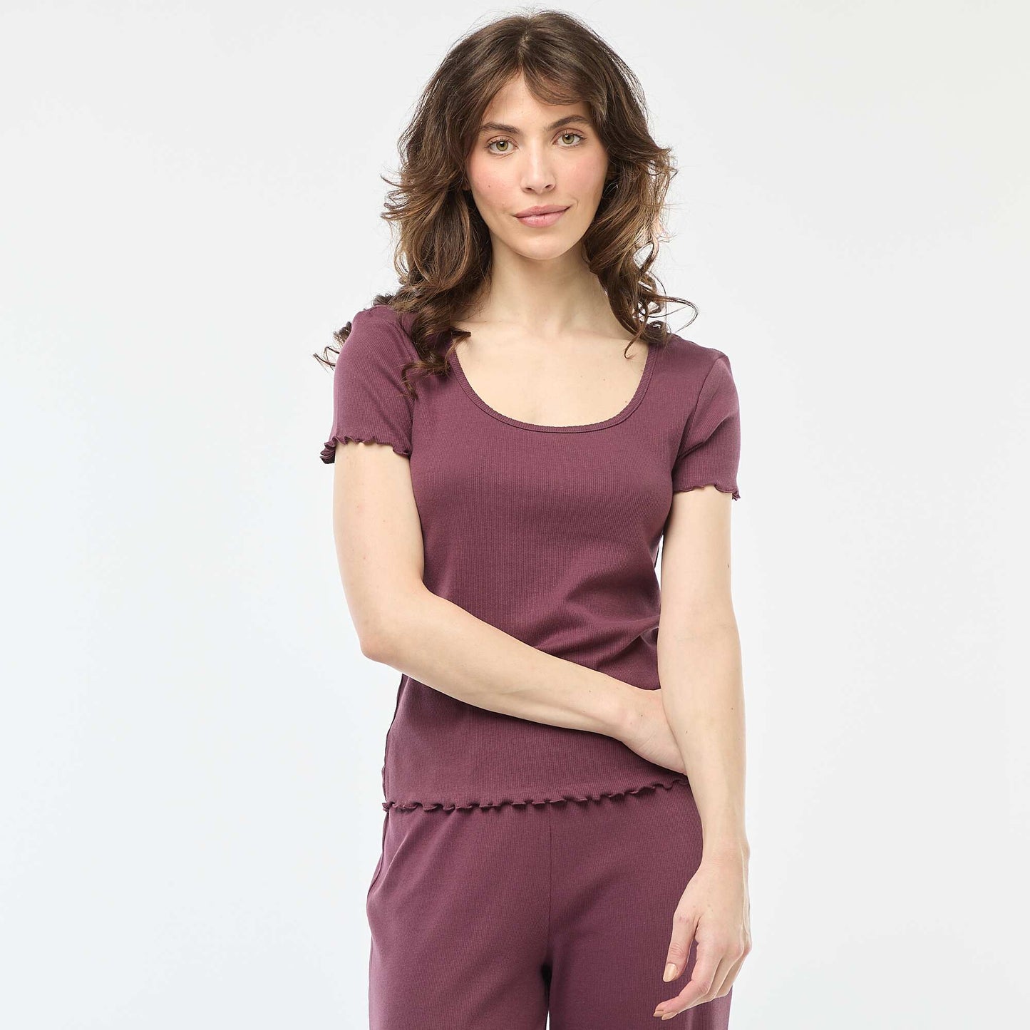 T-shirt uni en maille côtelé manches courtes VIOLET
