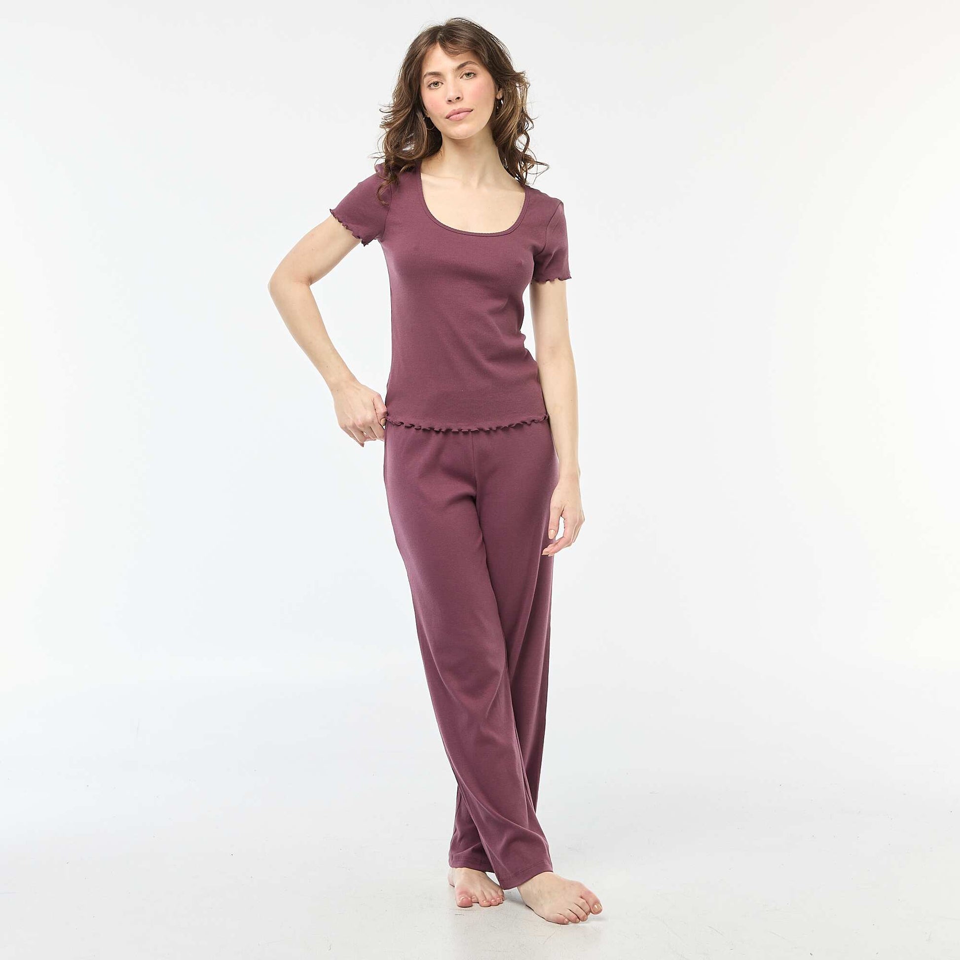 T-shirt uni en maille côtelé manches courtes VIOLET