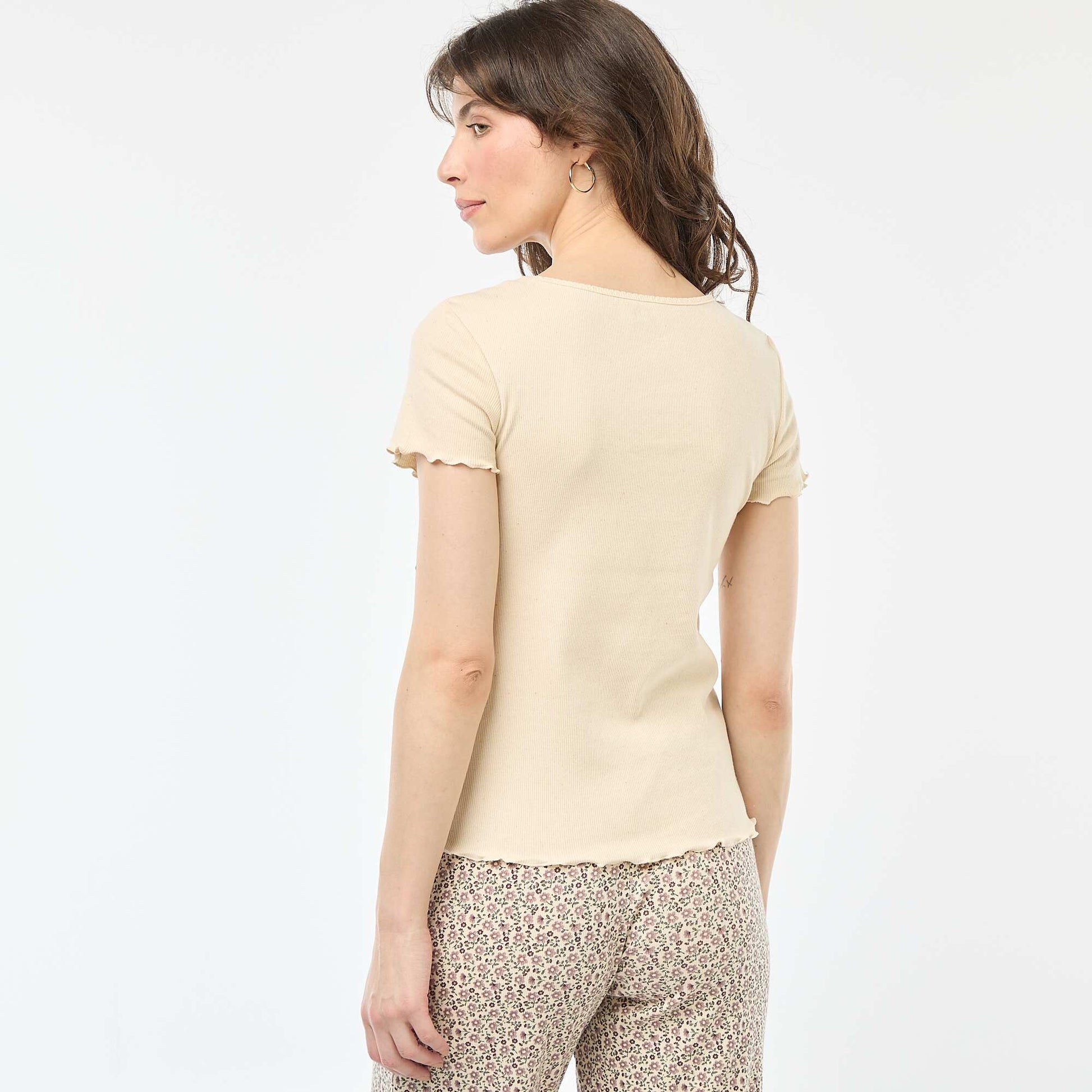 T-shirt uni en maille côtelé manches courtes BLANC