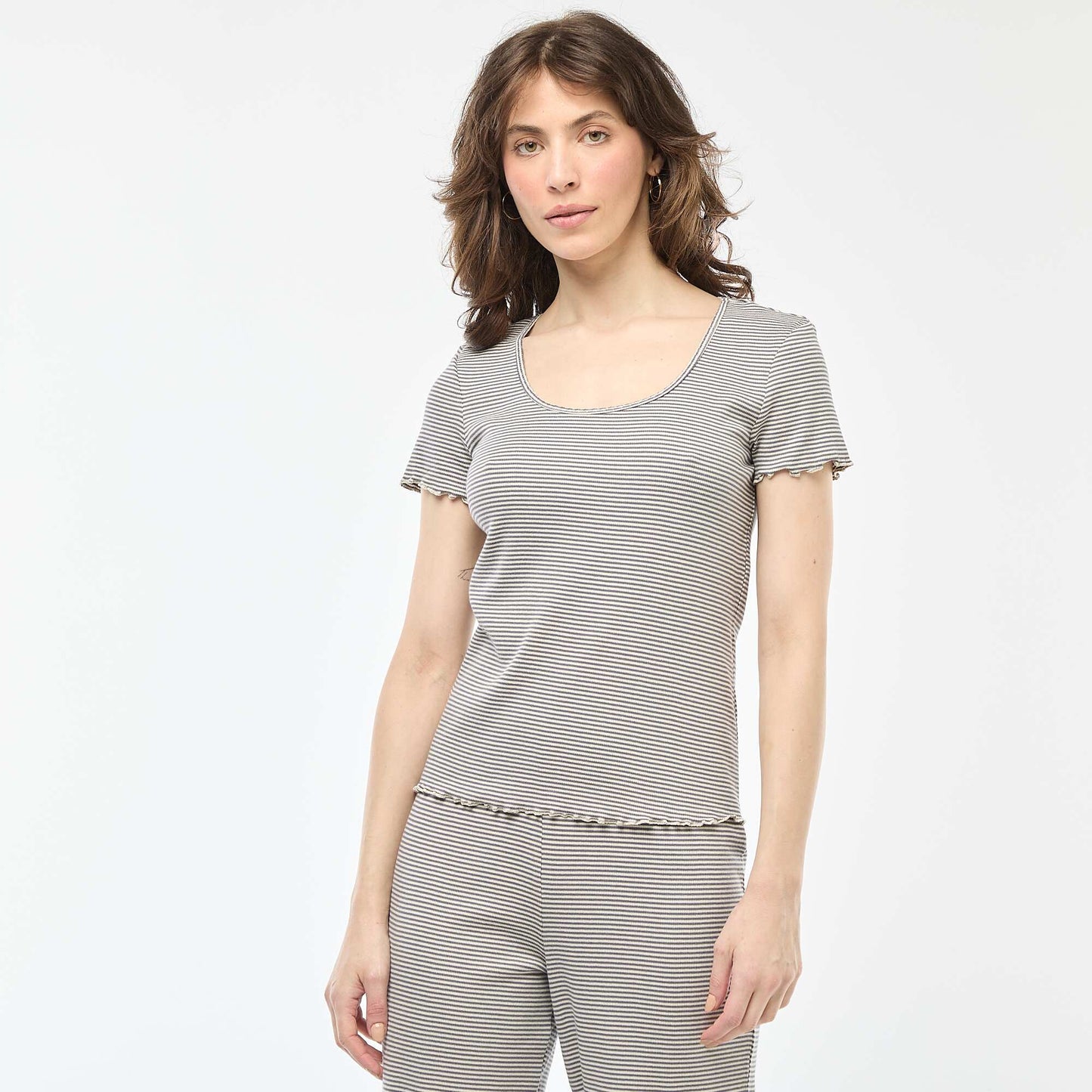 T-shirt uni en maille côtelé manches courtes BLEU