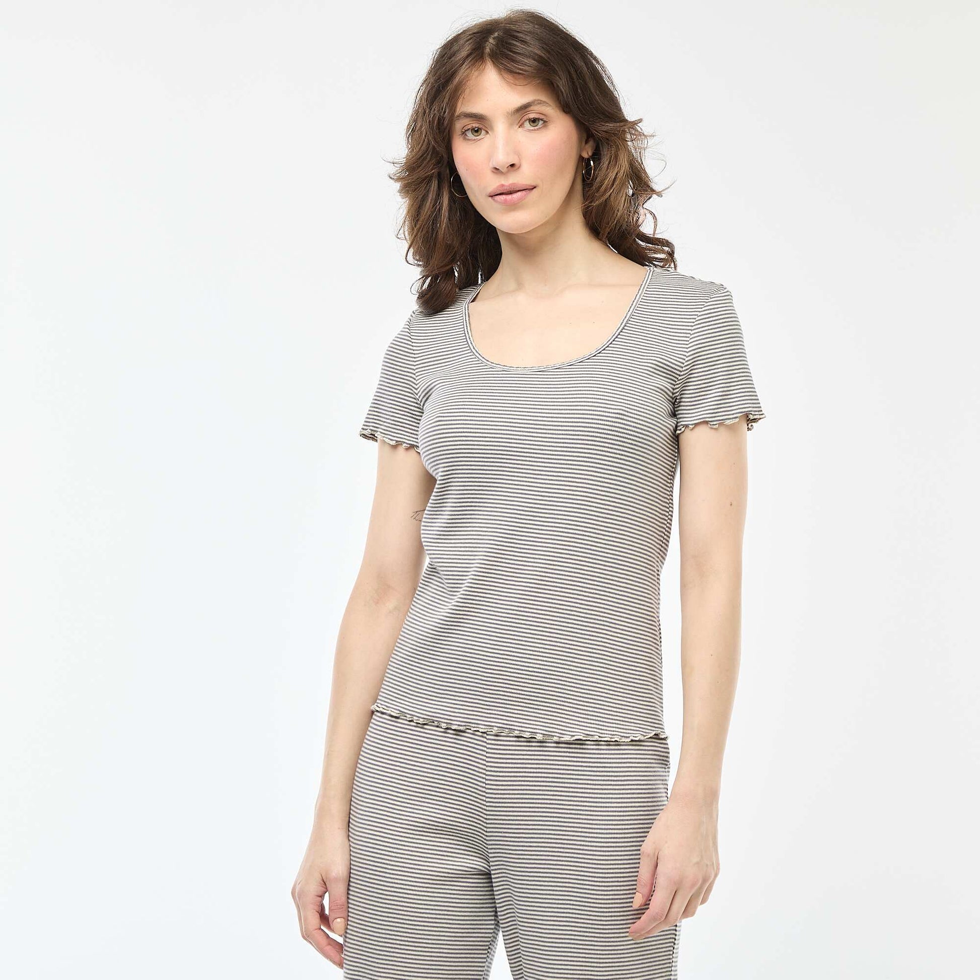 T-shirt uni en maille côtelé manches courtes BLEU