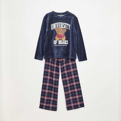 Ensemble pyjama long en polaire t-shirt + pantalon - 2 pièces BLEU