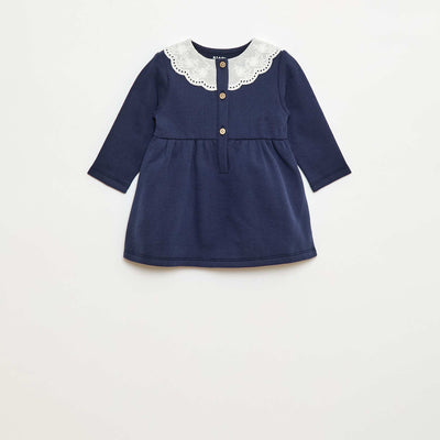 Robe en molleton avec col en voile de coton brodé NOIR