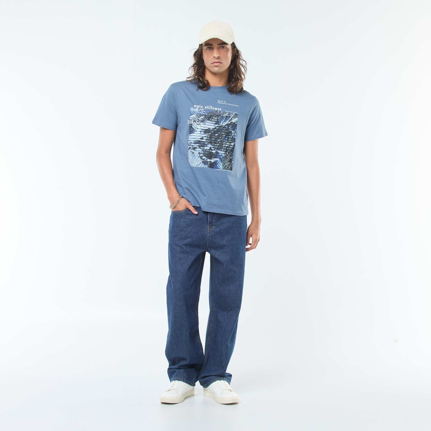 T-shirt imprimé à manches courtes et col rond BLEU