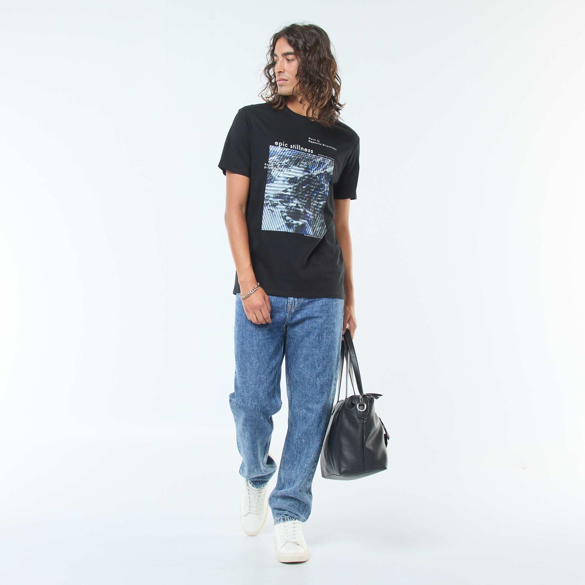 T-shirt imprimé à manches courtes et col rond NOIR