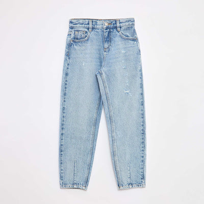 Pantalon denim mom avec abrasions BLEU