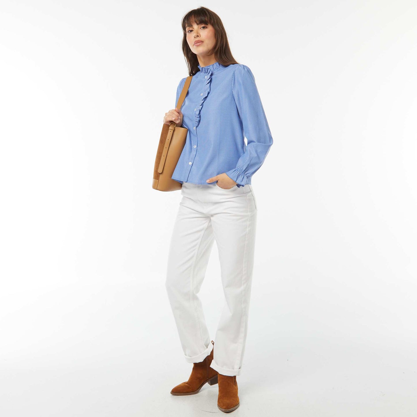 Chemise en popeline avec patte volantée BLEU