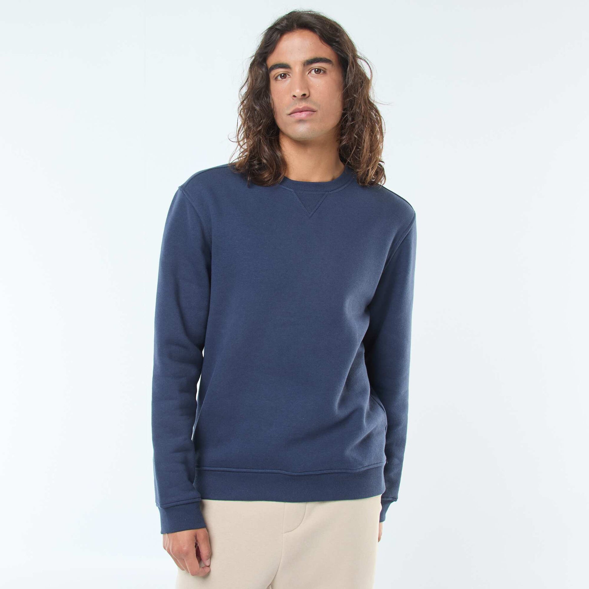 Sweat uni à col rond en molleton gratté BLEU