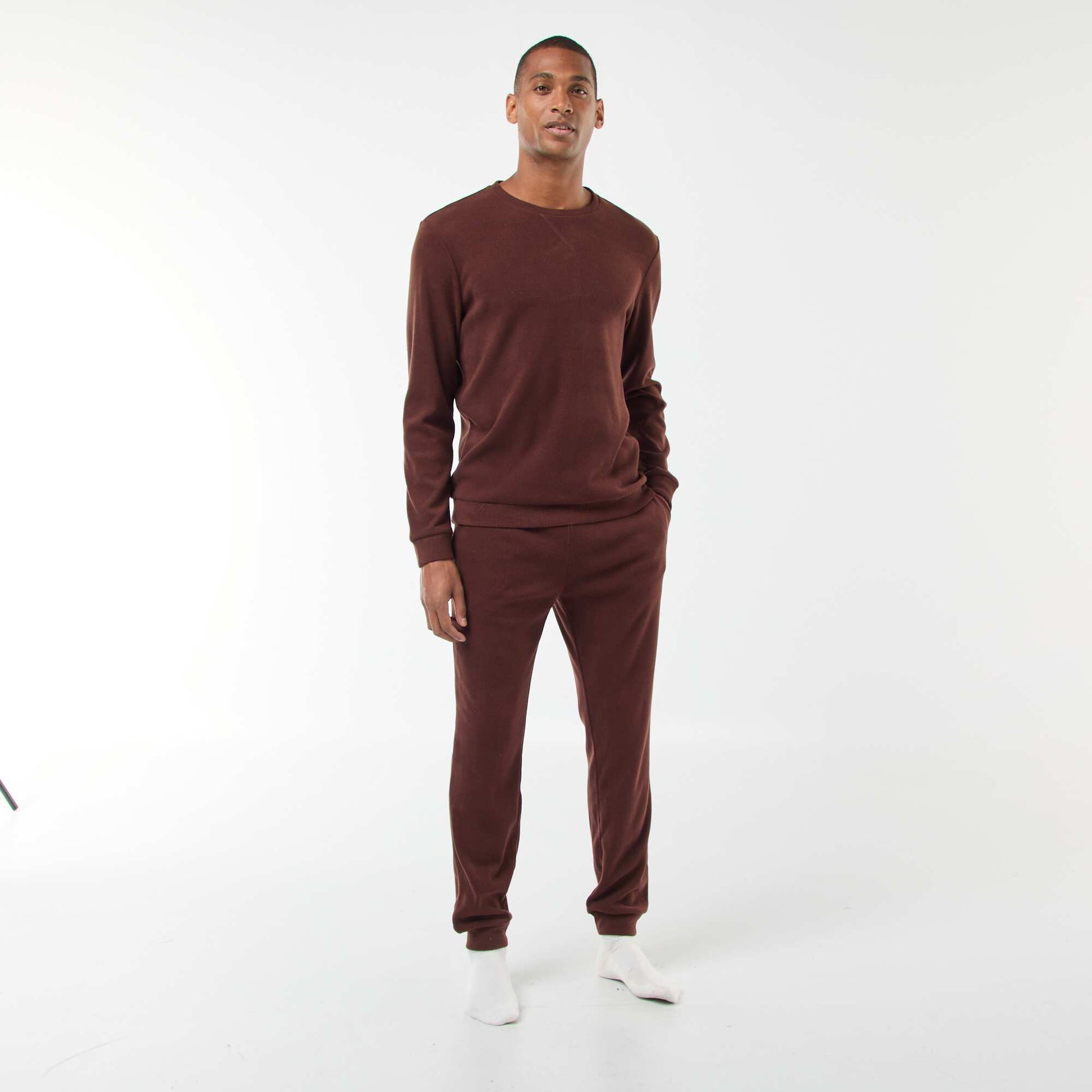 Pyjama long en matière gaufrée et douce - 2 pièces MARRON