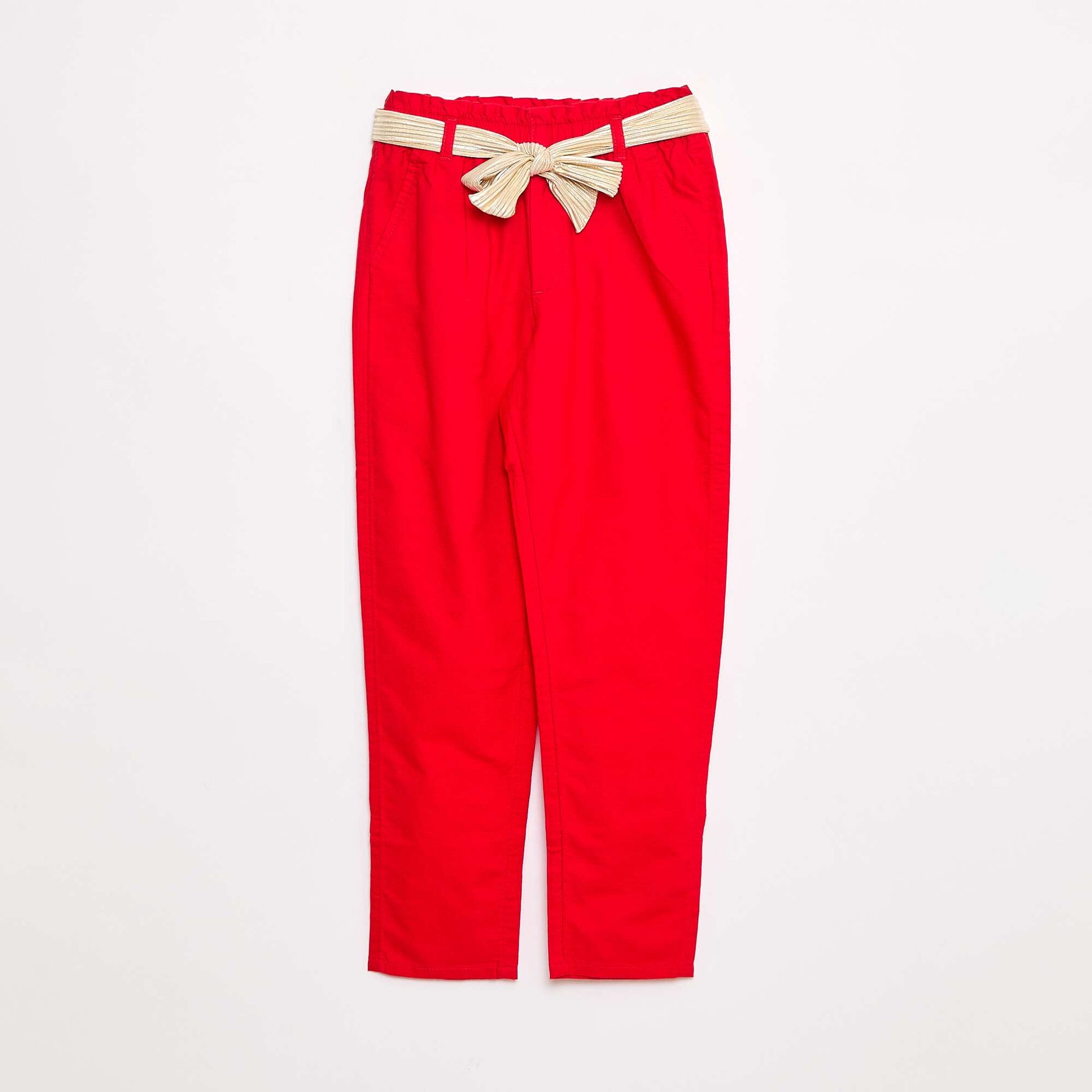 Pantalon uni en voile de coton avec ceinture ROUGE