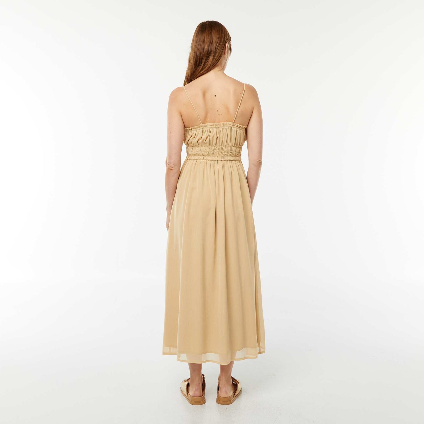 Robe midi smockée à fines bretelles BEIGE